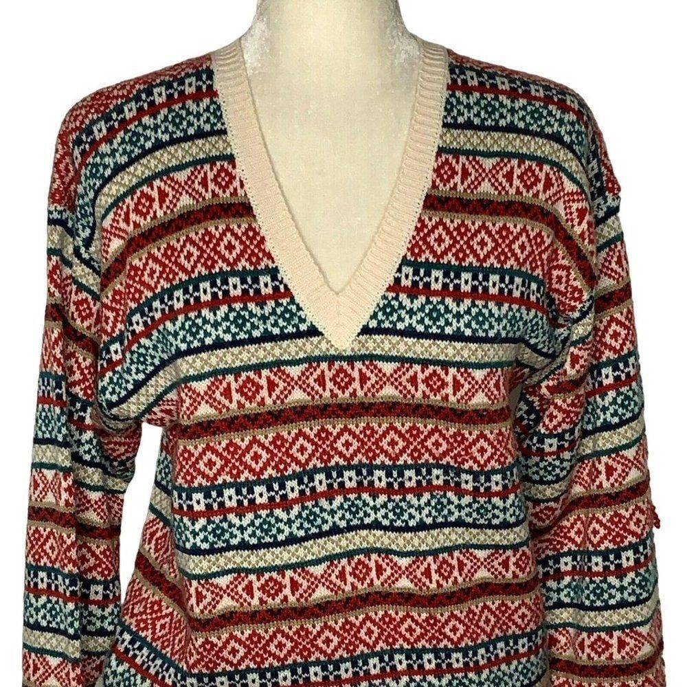 Vintage 90s Country Suburbans Knit Sweater M Fair Isle Pull Over V Neck